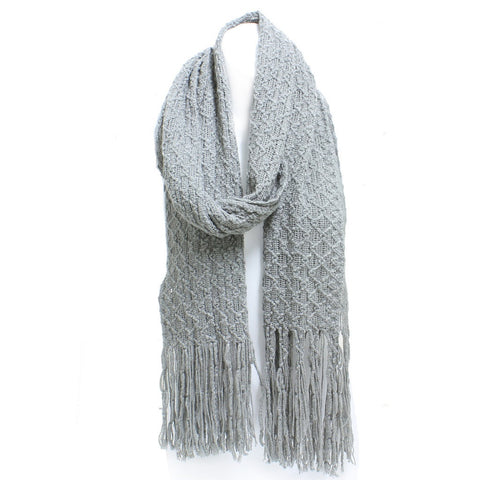 Winter Honeycomb Rectangle Scarf with Fringe in Gray