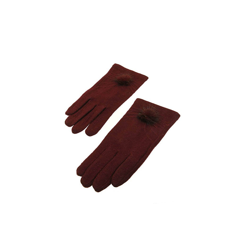 Red Rabbit Fur Wool Blend Pom Pom Gloves