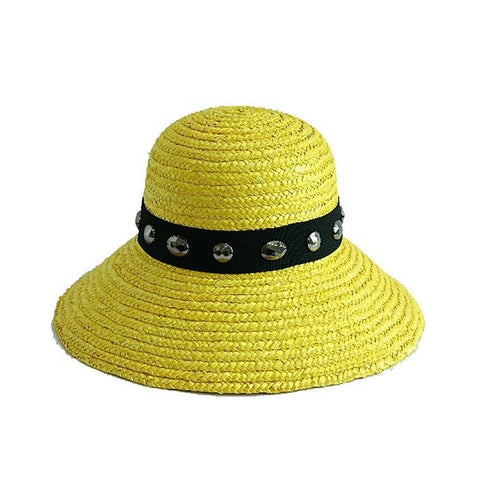 Yellow Wheat Straw Downturn Wide Jeweled Brim Hat