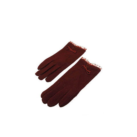 Red Wool Blend Sheer Ruffle Bow Gloves