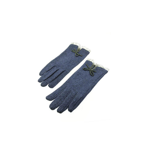 Blue Wool Sheer Ruffle Lace Bow Gloves