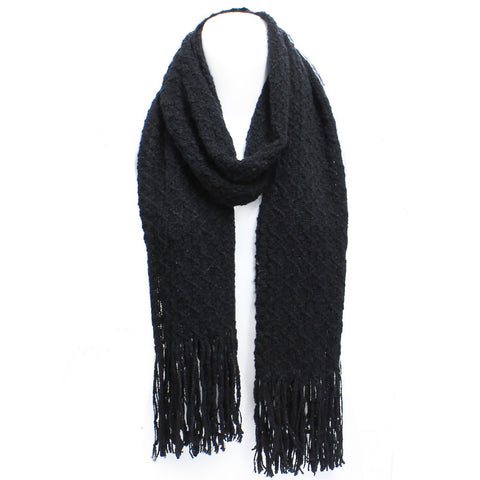 Winter Honeycomb Rectangle Scarf with Fringe in Black