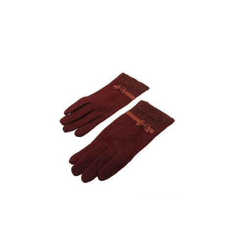 Red Wool Blend Faux Leather Lace Bow Gloves
