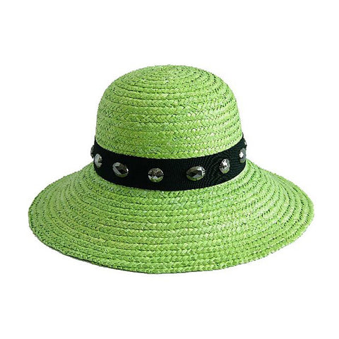 Lime Green Wheat Straw Downturn Wide Jeweled Brim Hat