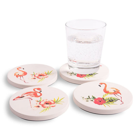 Nostalgic Pink Flamingos and Tropical Flower Absorbent Ceramic Coasters