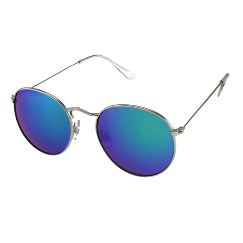 Round Metal Sunglasses with Thin Temples and Color Mirror Lenses