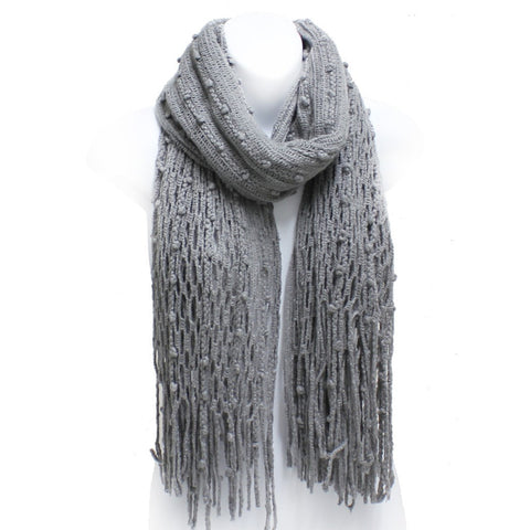 Winter Knit Fish Net Weave Oblong Scarf with Fringe in Gray