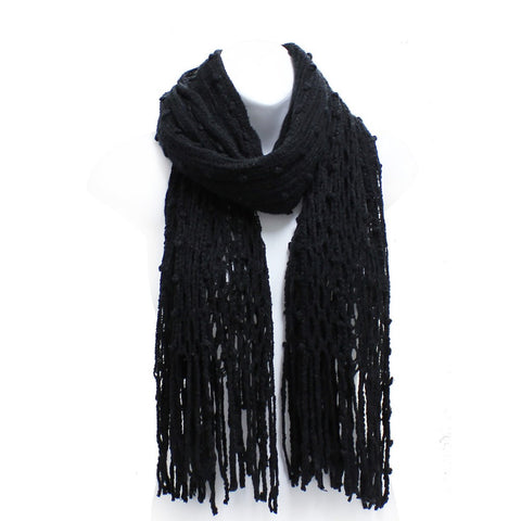 Winter Knit Fish Net Weave Oblong Scarf with Fringe in Black