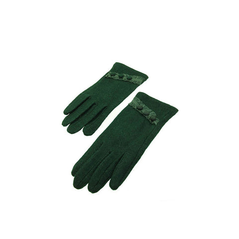 Green Wool Blend Sheer Ruffle Button Gloves