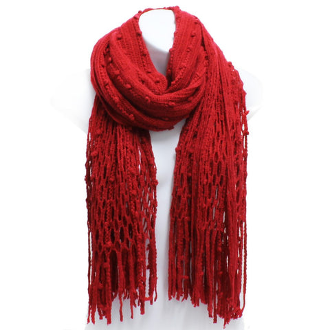 Winter Knit Fish Net Weave Oblong Scarf with Fringe in Burgundy Red