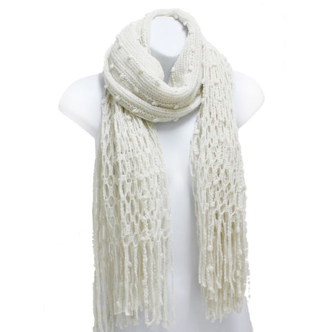 Winter Knit Fish Net Weave Oblong Scarf with Fringe in Off White