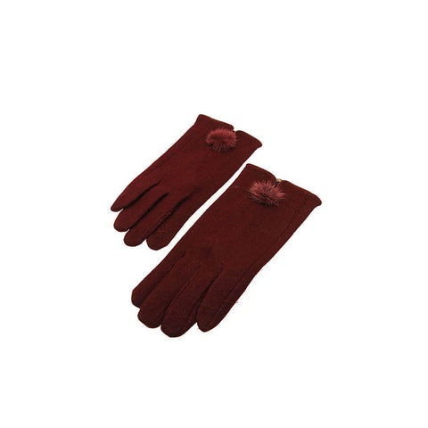 Red Wool Blend Gloves with Rabbit Fur Pom Pom Detail