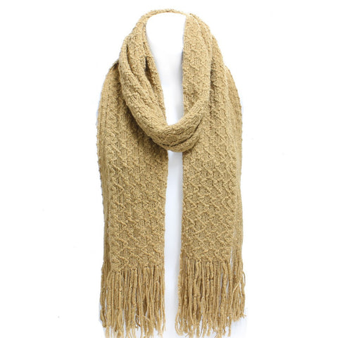 Winter Honeycomb Rectangle Scarf with Fringe in Beige