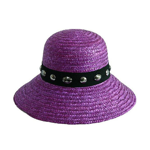 Purple Wheat Straw Downturn Wide Jeweled Brim Hat