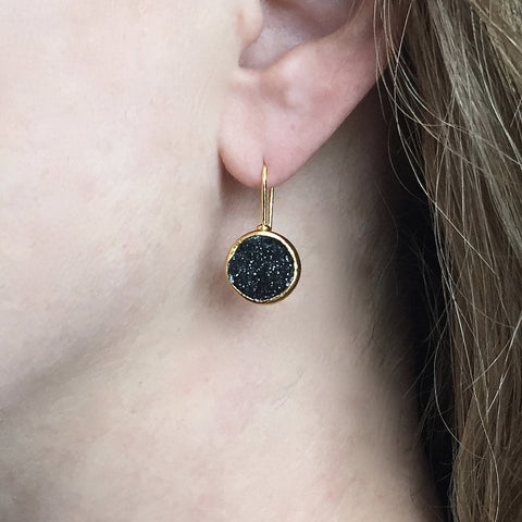 22k Gold and Black Druzy Circle Drop Earrings